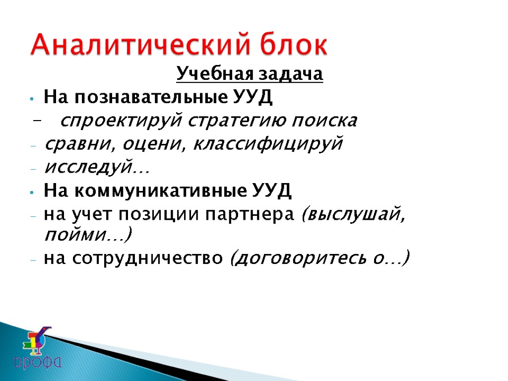 Учебная задача На познавательные УУД - спроектируй стратегию поиска сравни, оцени, классифицируй исследуй… На